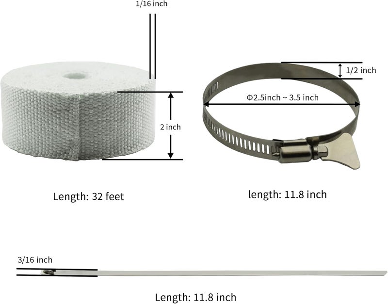 DOBTIM Fireproof Pipe Wrap Insulation 2" Wide X 32' Long, Fiberglass Heat Shield Tape Pipe Webbing for Stove Flue Protector with 2 Clamps, White - Image 5